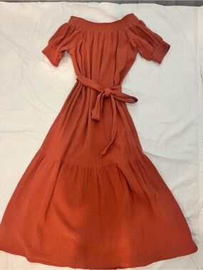 Lulu's Rust Orange Off-Shoulder Maxi Dress with Waist Tie